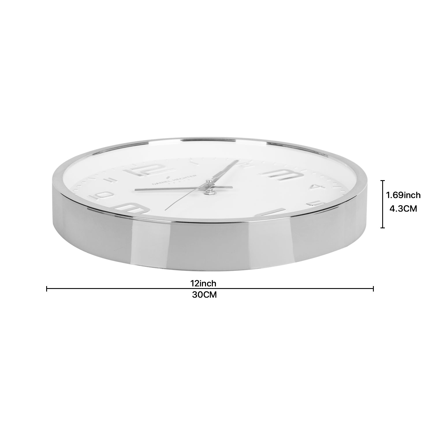Daniel Hechter Paris Wall Clock, Silent Sweep Non-Ticking Quartz Movement, White Dial, Silver Plastic Frame, 3D Numerals - DHCL1002-03