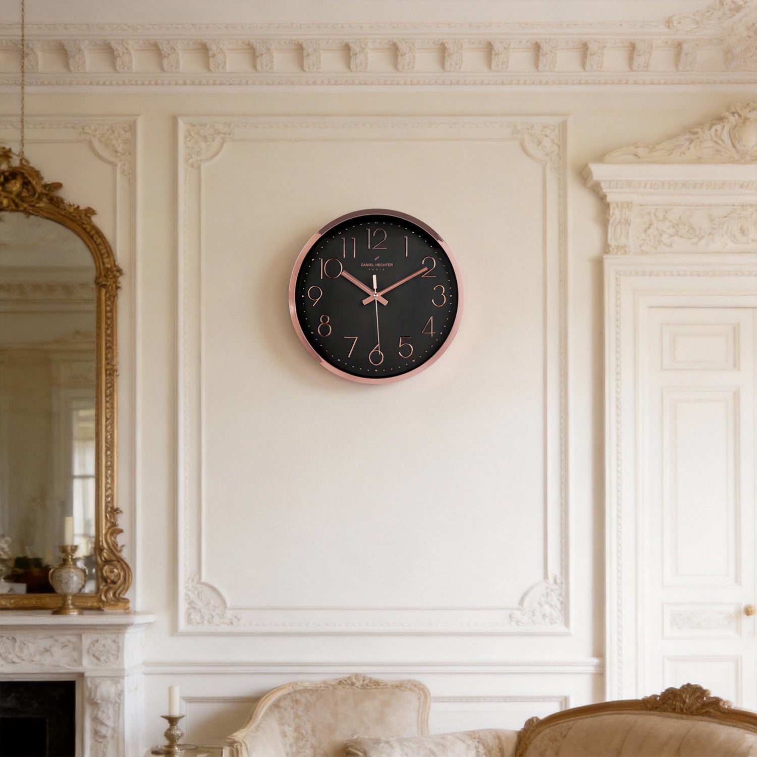 Daniel Hechter Paris Wall Clock, Silent Sweep Non-Ticking Quartz Movement, Black Dial, Rose Gold Plastic Frame, 3D Numerals, Modern Decorative Clock for Home & Office - DHCL1001-01