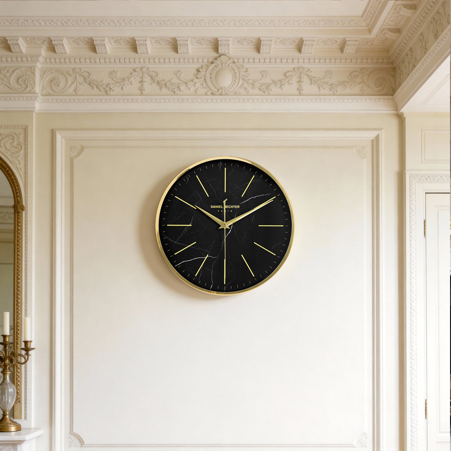 Daniel Hechter Paris Wall Clock, Silent Sweep Non-Ticking Quartz Movement, Black Marble Dial, Gold Metal Frame, Metal Hands - DHCL1001-11