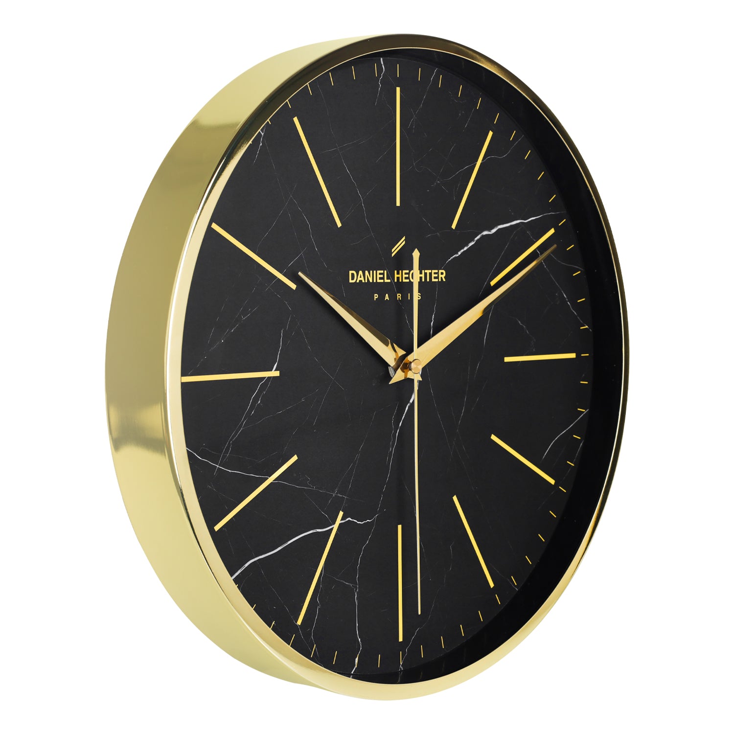 Daniel Hechter Paris Wall Clock, Silent Sweep Non-Ticking Quartz Movement, Black Marble Dial, Gold Metal Frame, Metal Hands - DHCL1001-11