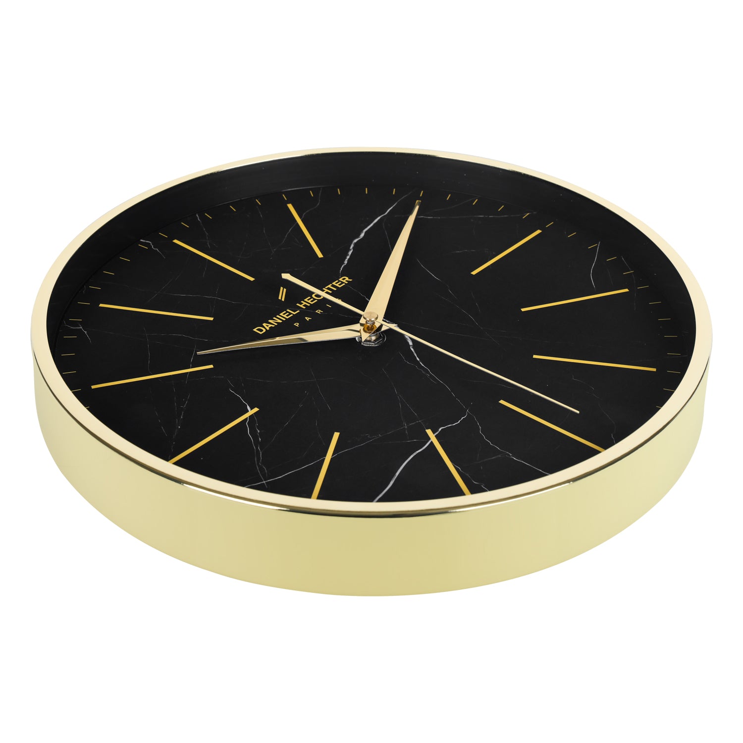 Daniel Hechter Paris Wall Clock, Silent Sweep Non-Ticking Quartz Movement, Black Marble Dial, Gold Metal Frame, Metal Hands - DHCL1001-11