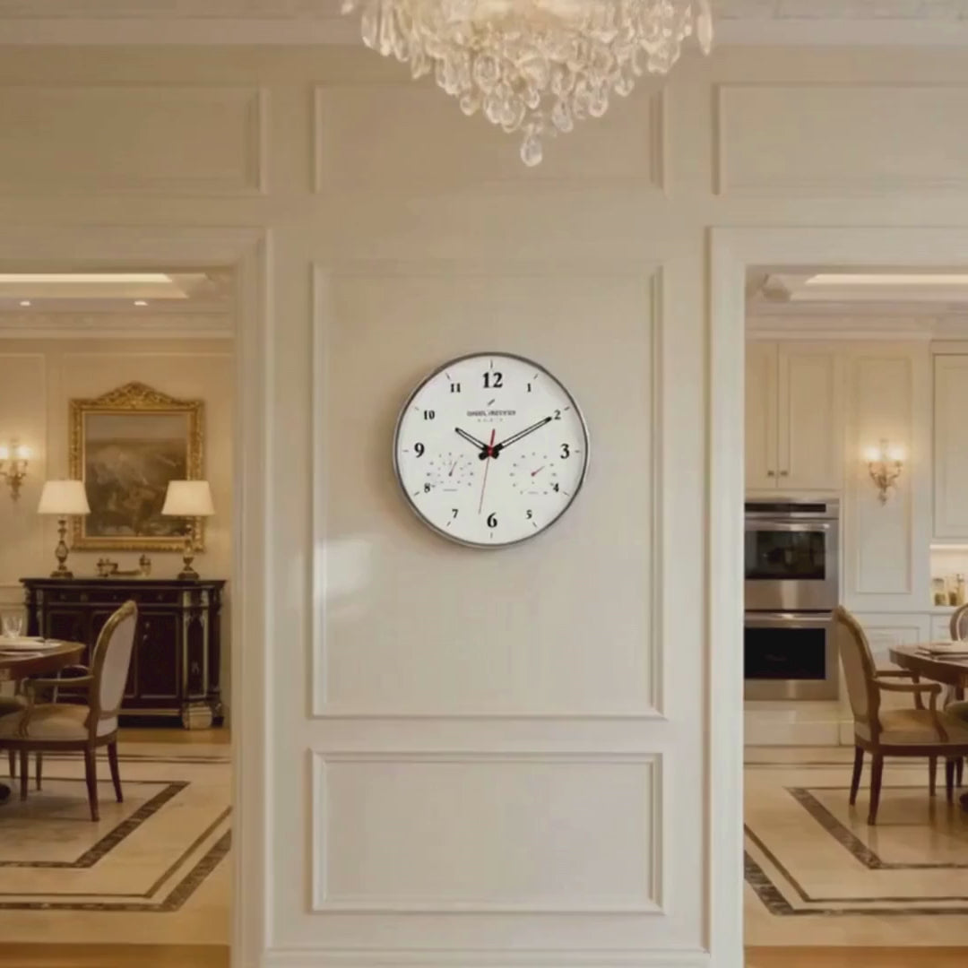 Daniel Hechter Paris Wall Clock, Silent Sweep Non-Ticking Quartz Movement, Temperature & Humidity Display, White Dial, Metal Frame - DHCL1002-33