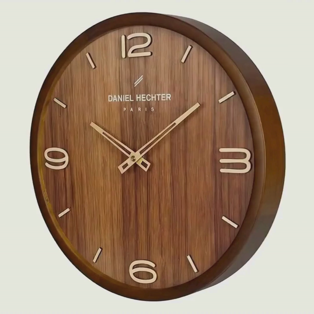 Daniel Hechter Paris Wall Clock, Silent Sweep Non-Ticking Quartz Movement,Wood-Grain Dial, Brown Wooden Frame - DHCL1005-11