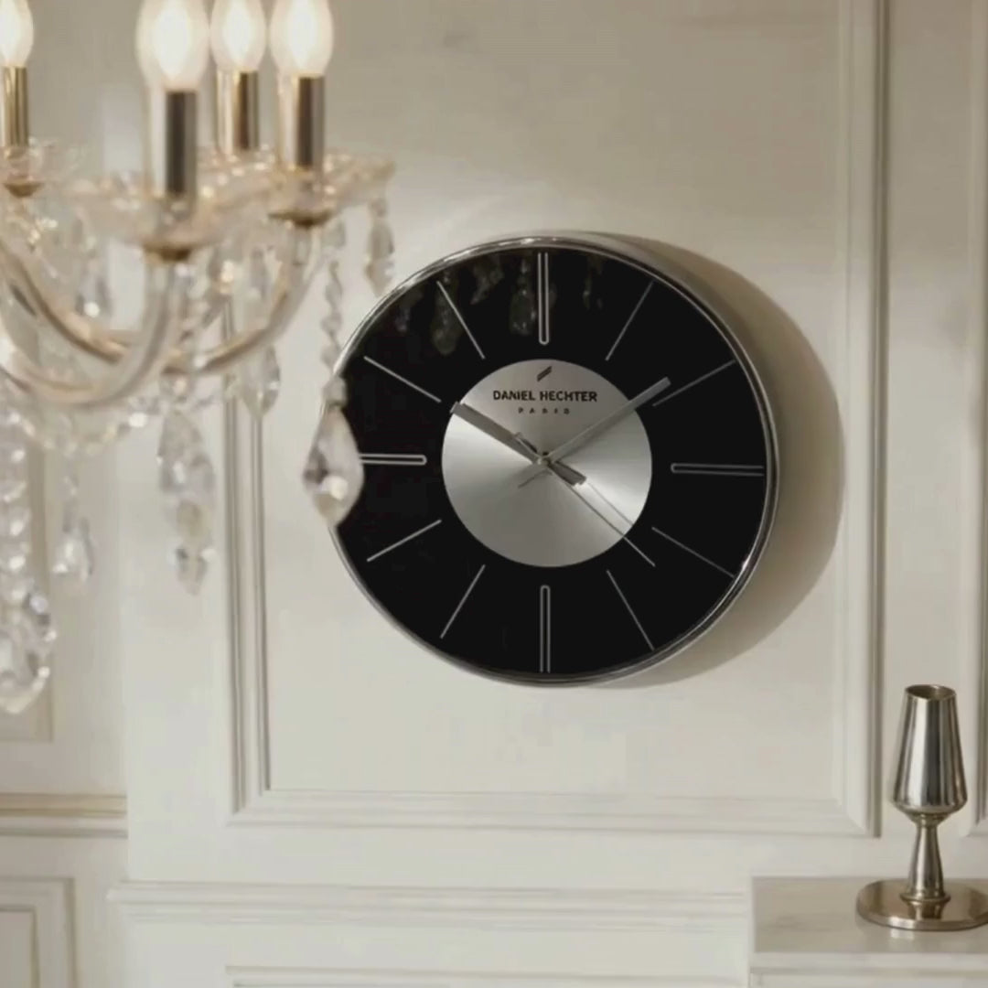 Daniel Hechter Paris Wall Clock, Silent Sweep Non-Ticking Quartz Movement, Black Dial, Silver Aluminum Face & Metal Frame - DHCL1004-33