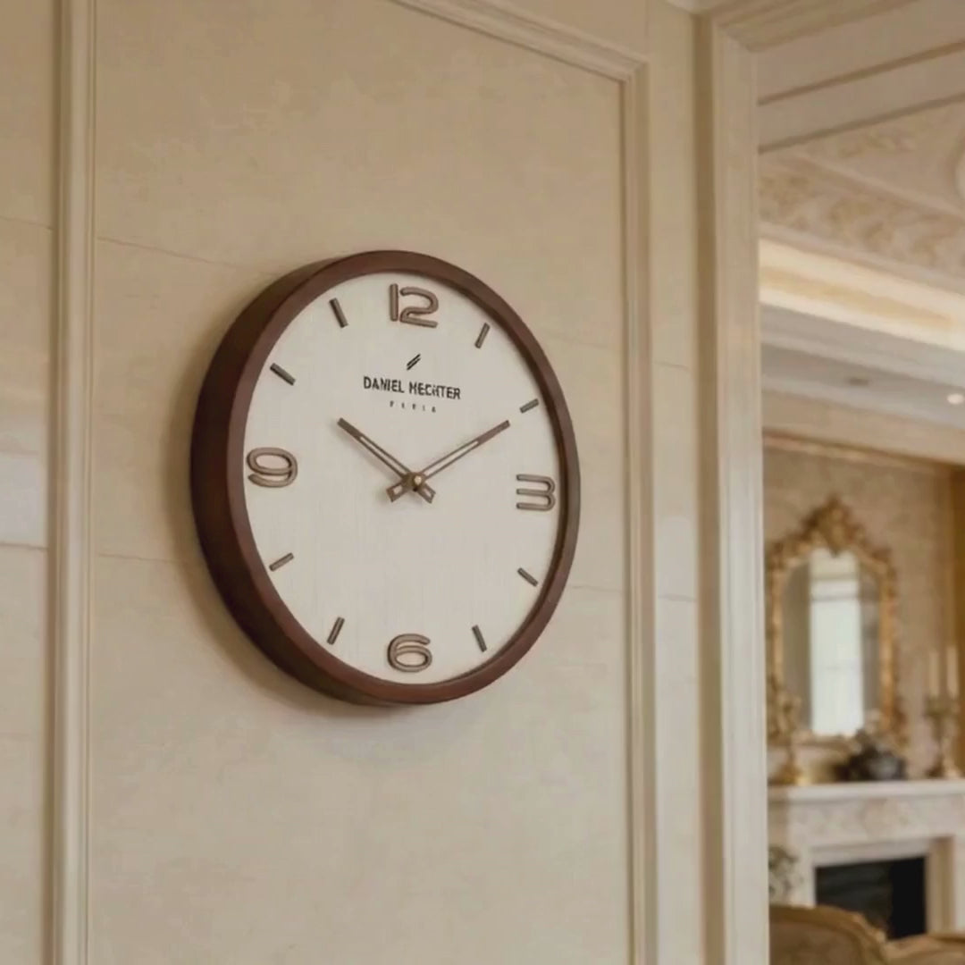 Daniel Hechter Paris Wall Clock, Silent Sweep Non-Ticking Quartz Movement, Wood-Grain Dial, Brown Wooden Frame - DHCL1005-33