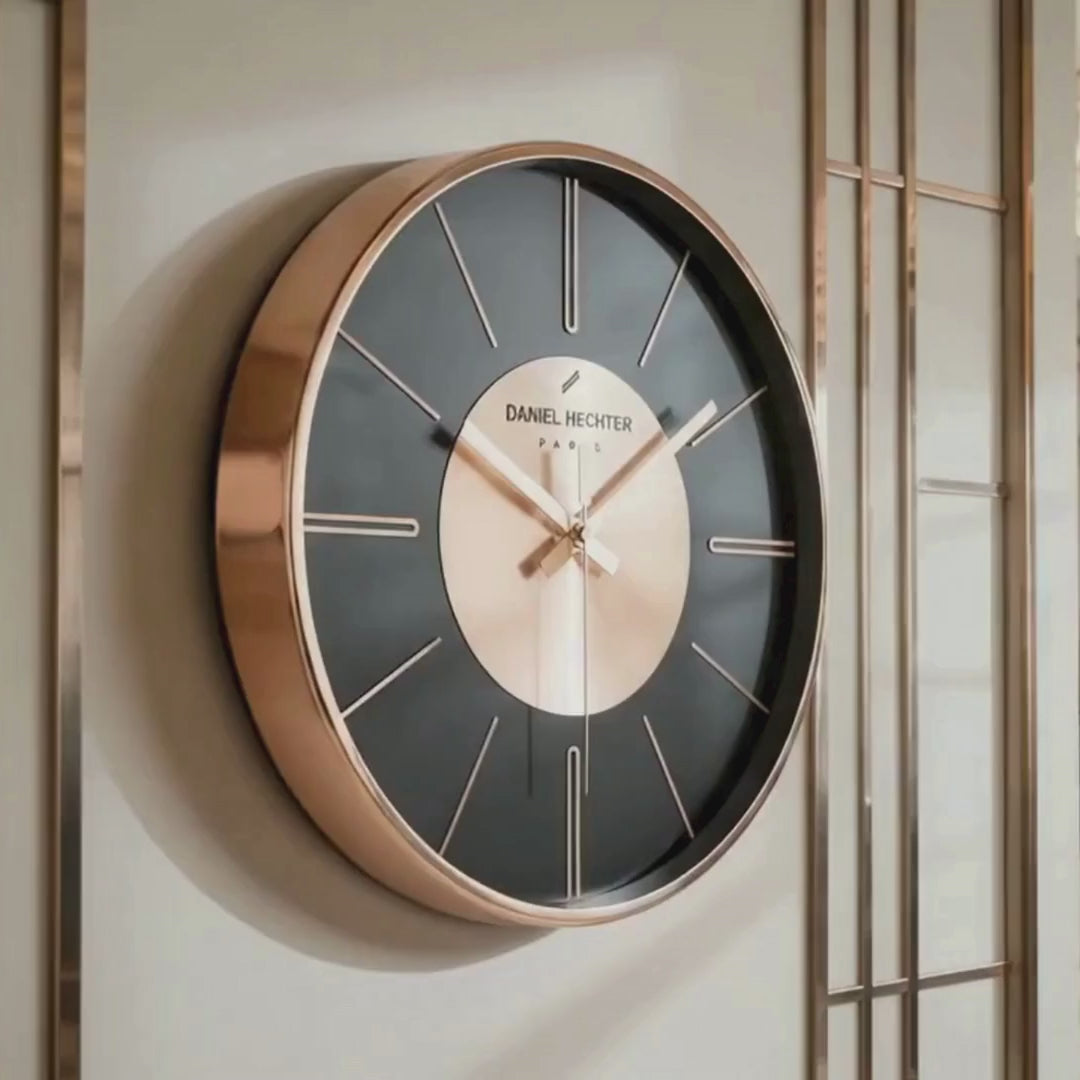 Daniel Hechter Paris Wall Clock, Silent Sweep Non-Ticking Quartz Movement,Black Dial, Rose Gold Aluminum Face & Metal Frame - DHCL1004-11