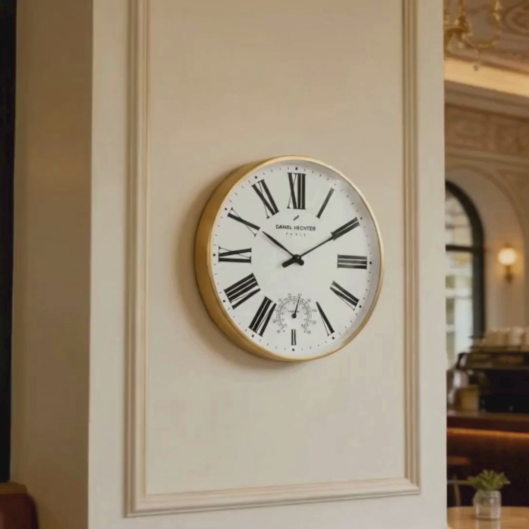 Daniel Hechter Paris Wall Clock, Silent Sweep Non-Ticking Quartz Movement, Temperature Display, White Dial, Gold Metal Frame - DHCL1003-22