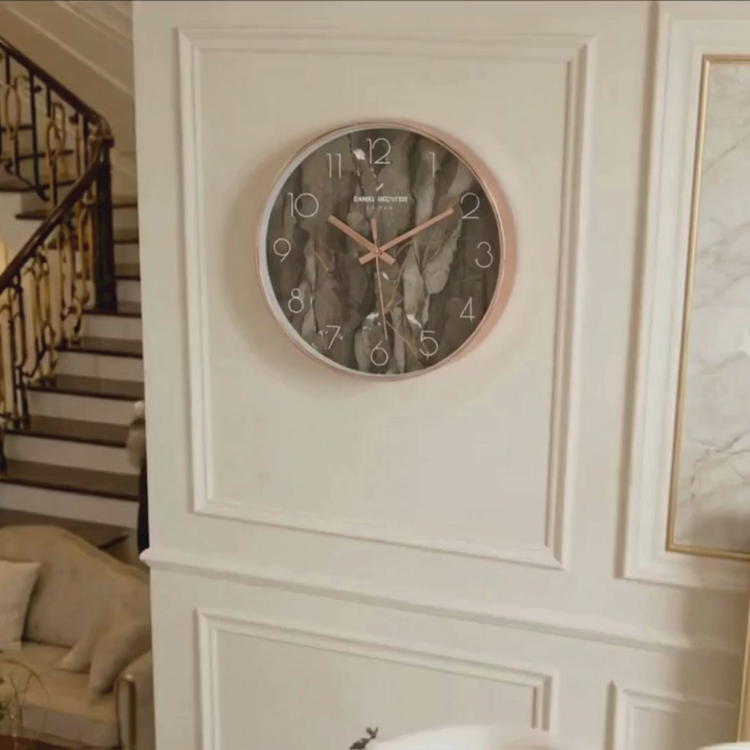 Daniel Hechter Paris Wall Clock, Silent Sweep Non-Ticking Quartz Movement,  Brown Marble Dial, Rose Gold Plastic Frame - DHCL1003-02
