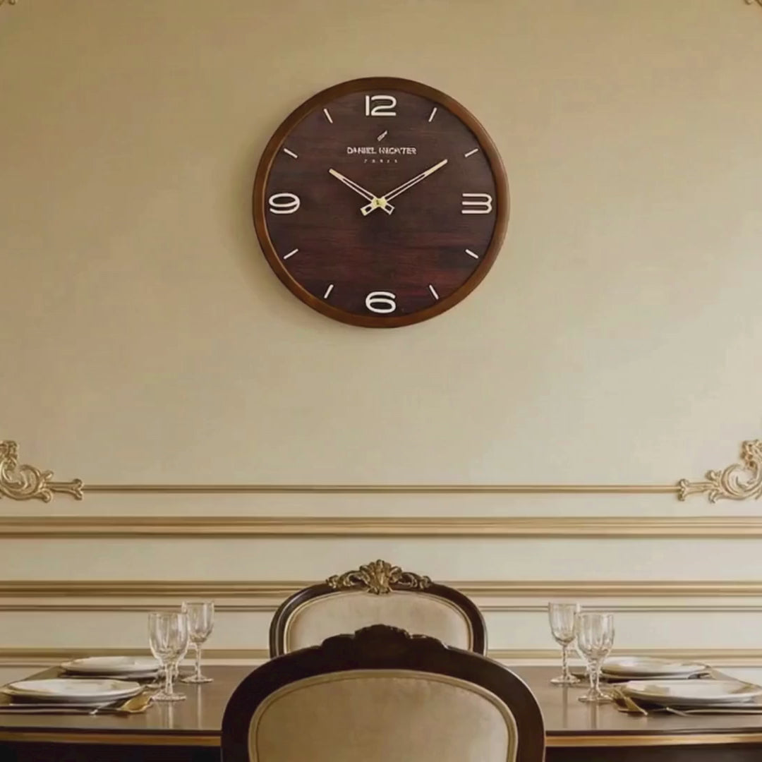 Daniel Hechter Paris Wall Clock, Silent Sweep Non-Ticking Quartz Movement,Wood-Grain Dial, Brown Wooden Frame - DHCL1005-22