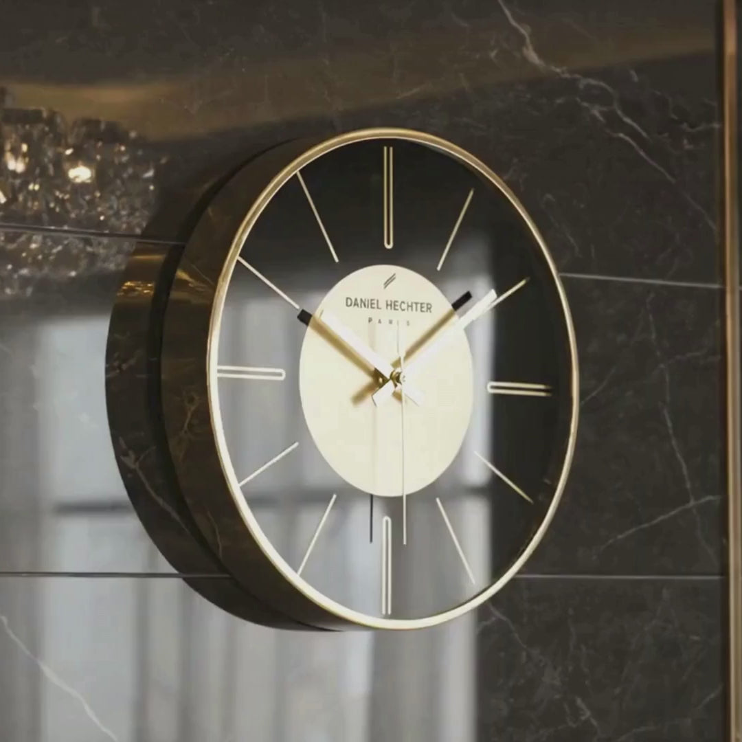 Daniel Hechter Paris Wall Clock, Silent Sweep Non-Ticking Quartz Movement, Black Dial, Gold Aluminum Face & Metal Frame - DHCL1004-22