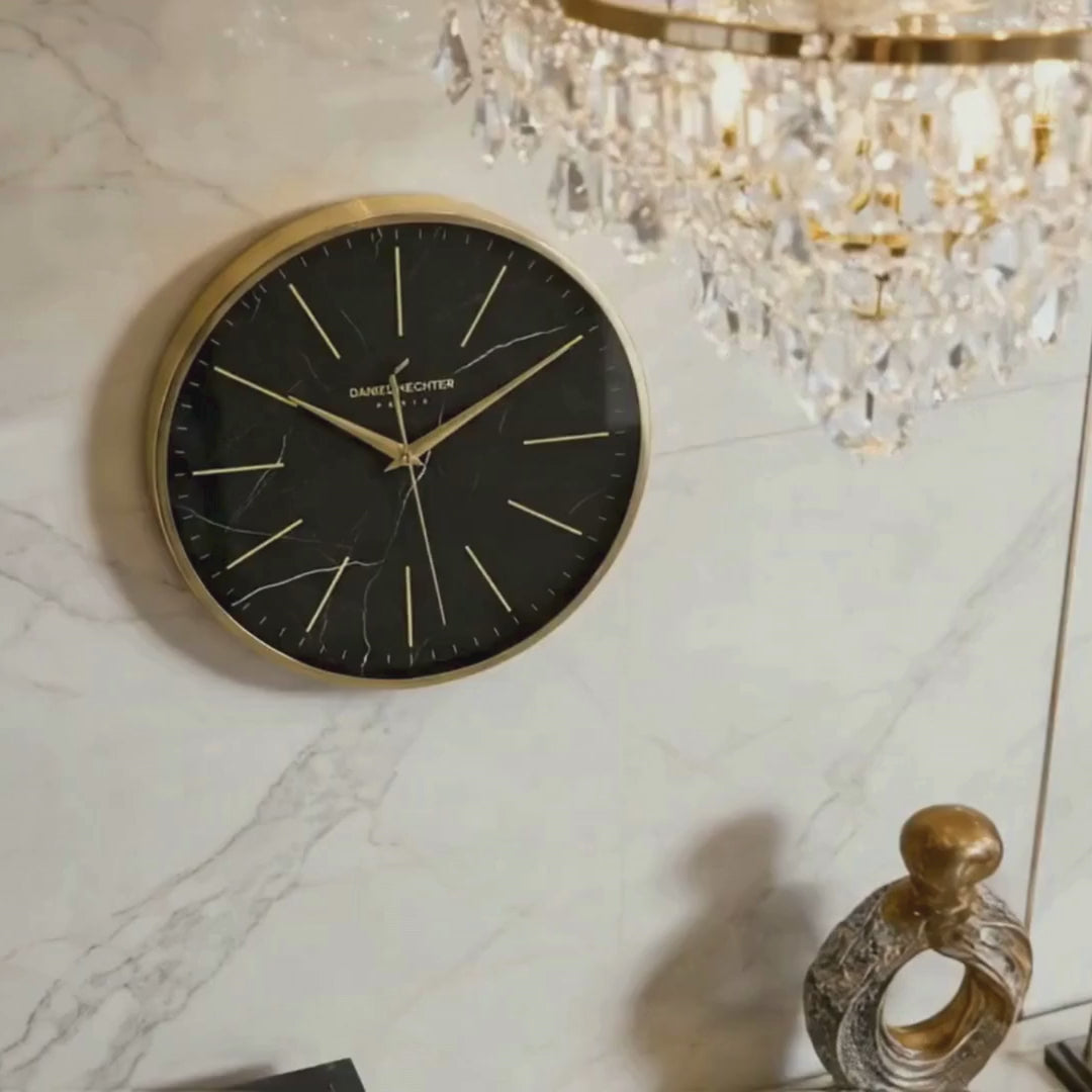 Daniel Hechter Paris Wall Clock, Silent Sweep Non-Ticking Quartz Movement, Black Marble Dial, Gold Metal Frame, Metal Hands - DHCL1001-11